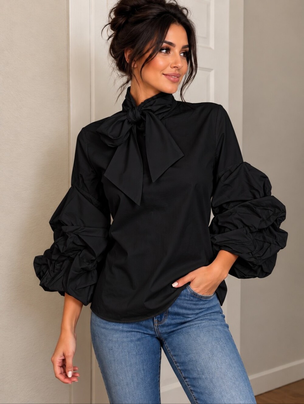 NWOT  CQ BY CQ BRAND Black Puff-Sleeve Tie-Neck Women’s Top